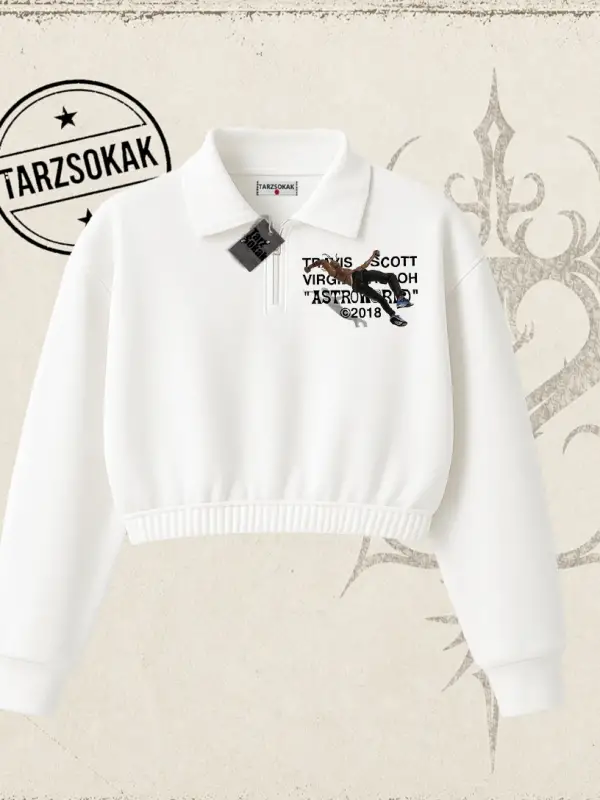 Unisex Travis Scott Astroworld 2018 Kadın Crop Polo Yaka Yarım Fermuarlı Sweatshirt Beyaz