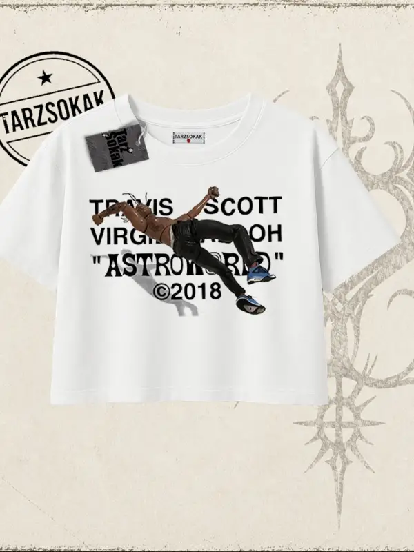 Unisex Travis Scott Astroworld 2018 Kadın Crop Tişört Beyaz