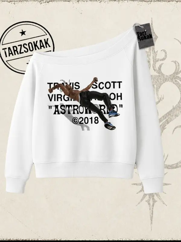 Unisex Travis Scott Astroworld 2018 Kadın Kayık Yaka Sweatshirt Beyaz