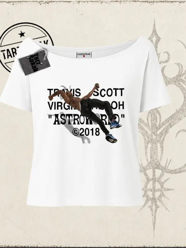 Unisex Travis Scott Astroworld 2018 Kadın Kayık Yaka Tişört Beyaz