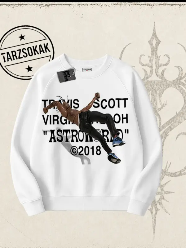 Unisex Travis Scott Astroworld 2018 Oversize Unisex Bisiklet Yaka Sweatshirt Beyaz