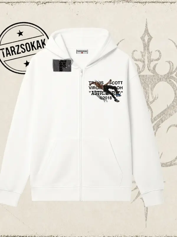 Unisex Travis Scott Astroworld 2018 Oversize Unisex Hırka & Çeket Fermuarlı Sweatshirt Beyaz