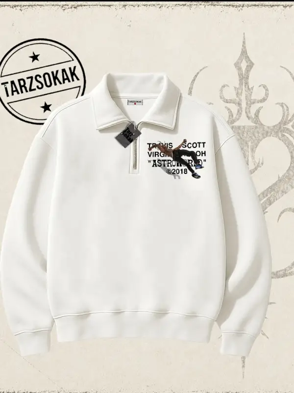 Unisex Travis Scott Astroworld 2018 Unisex Polo Yaka Yarım Fermuarlı Sweatshirt Beyaz