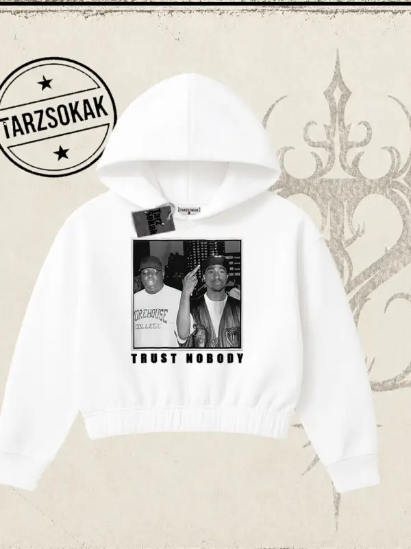 Unisex Trust Nobody Kadın Crop Kapşonlu Sweatshirt Beyaz