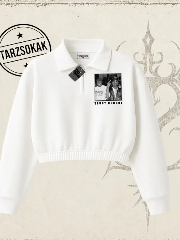 Unisex Trust Nobody Kadın Crop Polo Yaka Yarım Fermuarlı Sweatshirt Beyaz