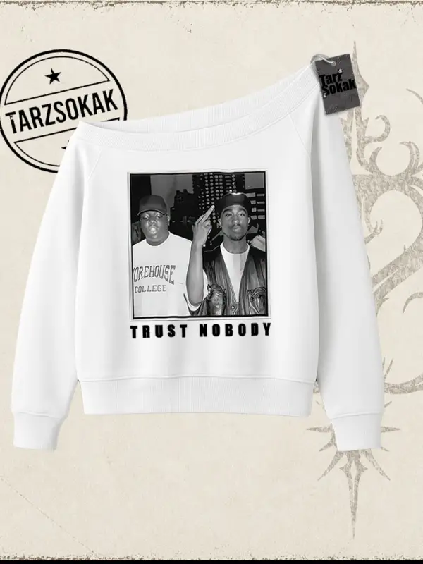 Unisex Trust Nobody Kadın Kayık Yaka Sweatshirt Beyaz