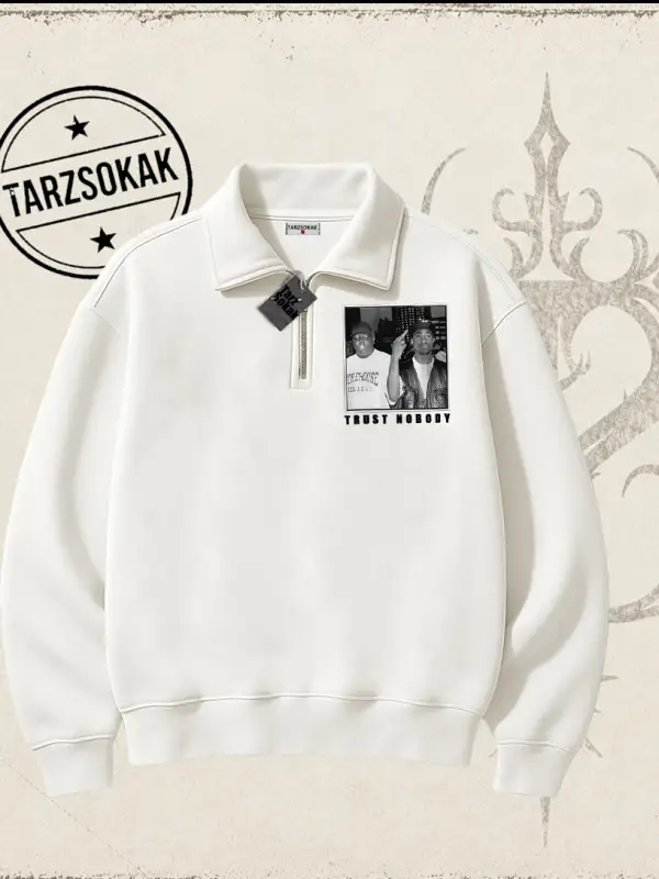 Unisex Trust Nobody Unisex Polo Yaka Yarım Fermuarlı Sweatshirt Beyaz