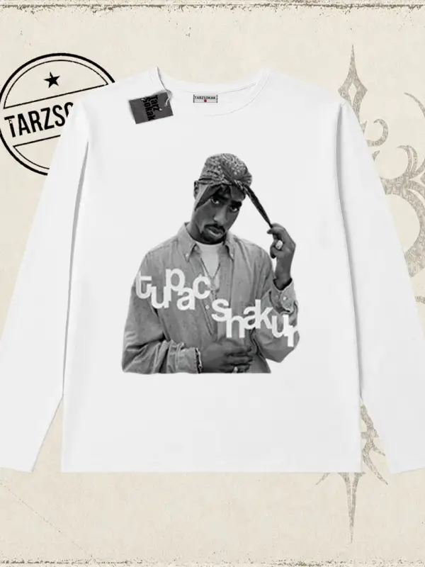 Unisex Tupac Shakur Biskilet Yaka  Long Sleeve Beyaz