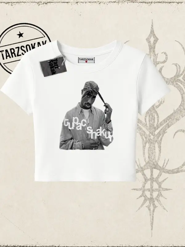 Unisex Tupac Shakur Kadın Baby Tee Beyaz