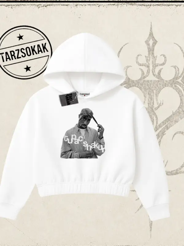 Unisex Tupac Shakur Kadın Crop Kapşonlu Sweatshirt Beyaz