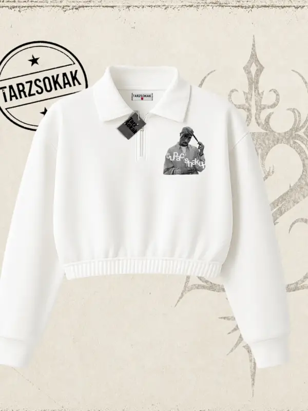 Unisex Tupac Shakur Kadın Crop Polo Yaka Yarım Fermuarlı Sweatshirt Beyaz