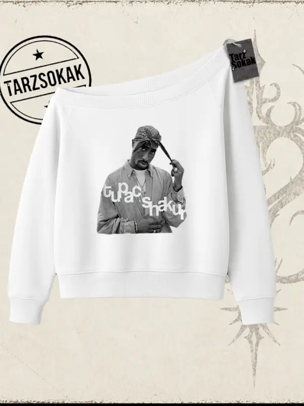 Unisex Tupac Shakur Kadın Kayık Yaka Sweatshirt Beyaz