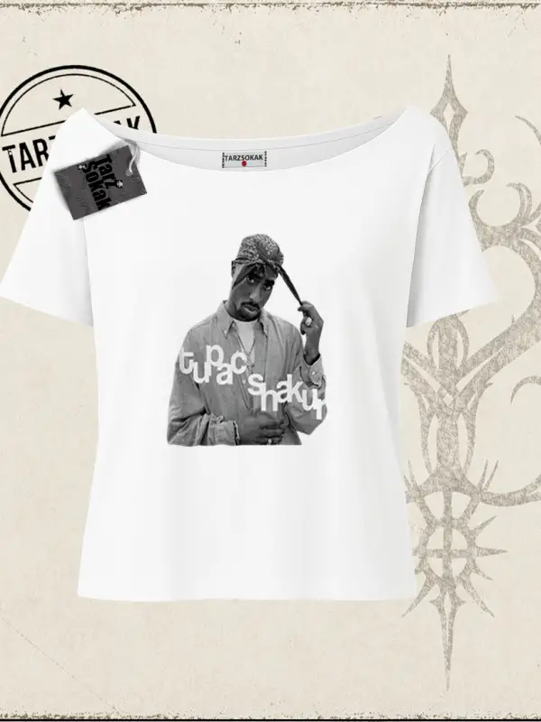 Unisex Tupac Shakur Kadın Kayık Yaka Tişört Beyaz