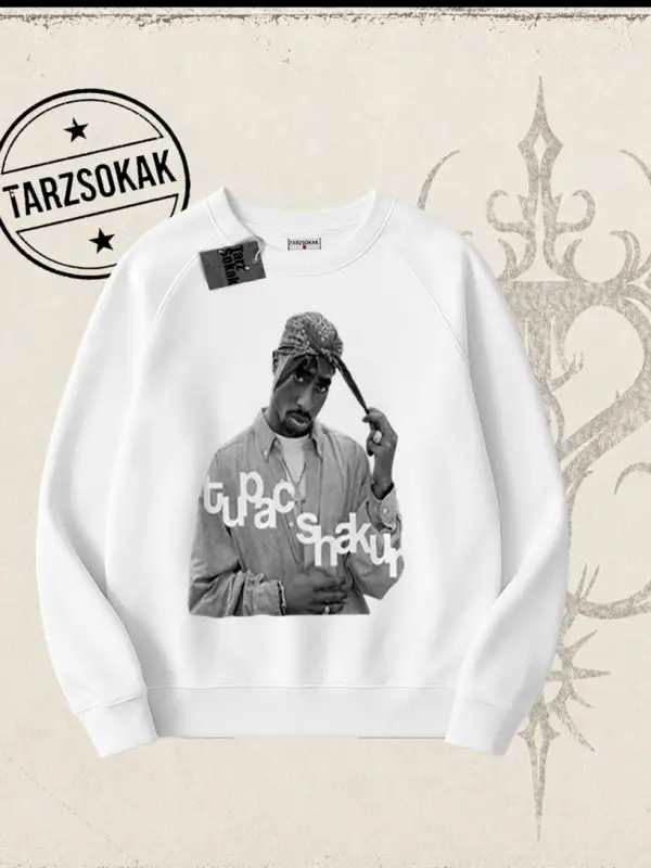 Unisex Tupac Shakur Oversize Unisex Bisiklet Yaka Sweatshirt Beyaz