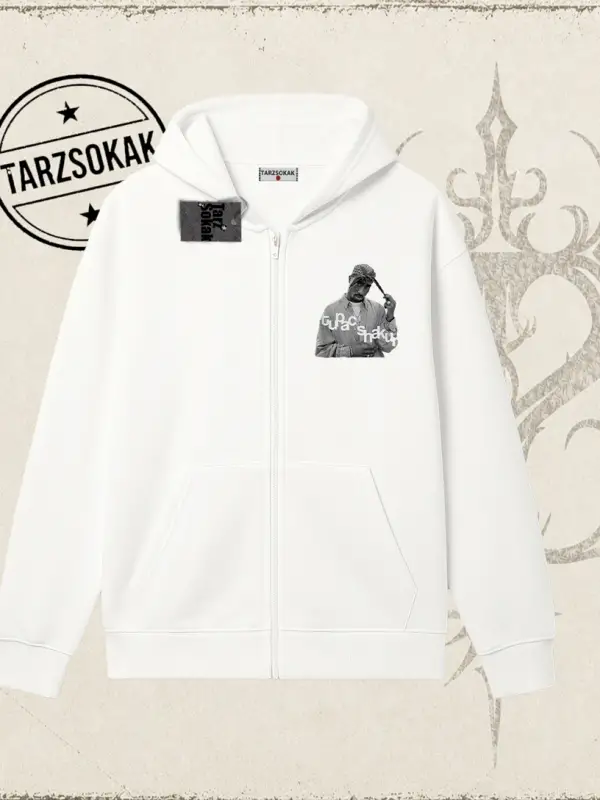 Unisex Tupac Shakur Oversize Unisex Hırka & Çeket Fermuarlı Sweatshirt Beyaz
