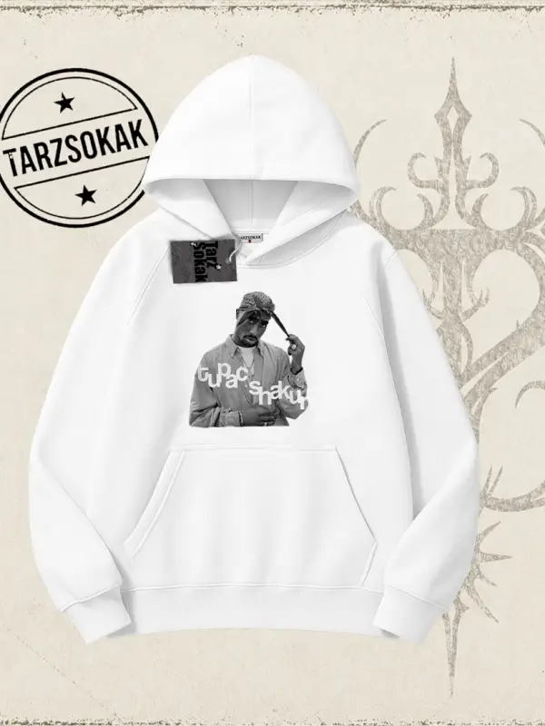 Unisex Tupac Shakur Oversize Unisex Kapşonlu Sweatshirt Beyaz