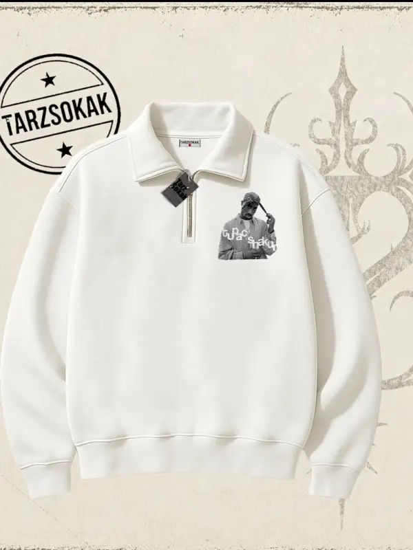 Unisex Tupac Shakur Unisex Polo Yaka Yarım Fermuarlı Sweatshirt Beyaz