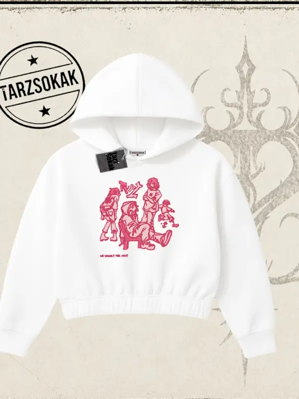 Unisex Tyyz Kadın Crop Kapşonlu Sweatshirt Beyaz