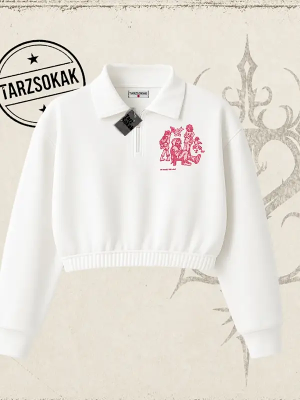 Unisex Tyyz Kadın Crop Polo Yaka Yarım Fermuarlı Sweatshirt Beyaz