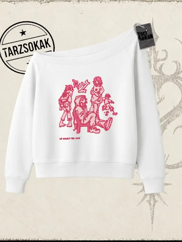 Unisex Tyyz Kadın Kayık Yaka Sweatshirt Beyaz