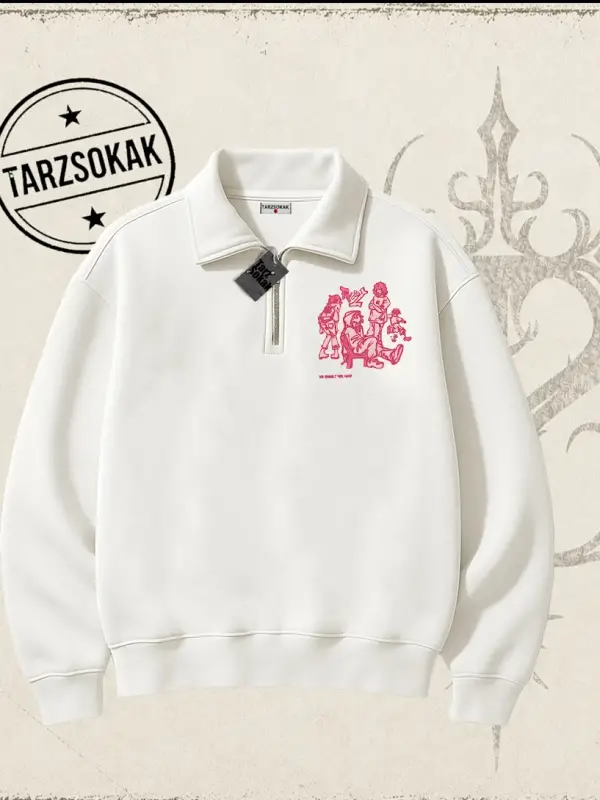 Unisex Tyyz Unisex Polo Yaka Yarım Fermuarlı Sweatshirt Beyaz