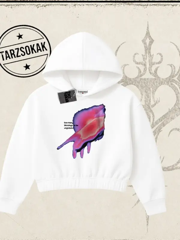Unisex Ungrateful Kadın Crop Kapşonlu Sweatshirt Beyaz