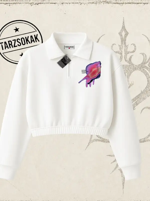 Unisex Ungrateful Kadın Crop Polo Yaka Yarım Fermuarlı Sweatshirt Beyaz