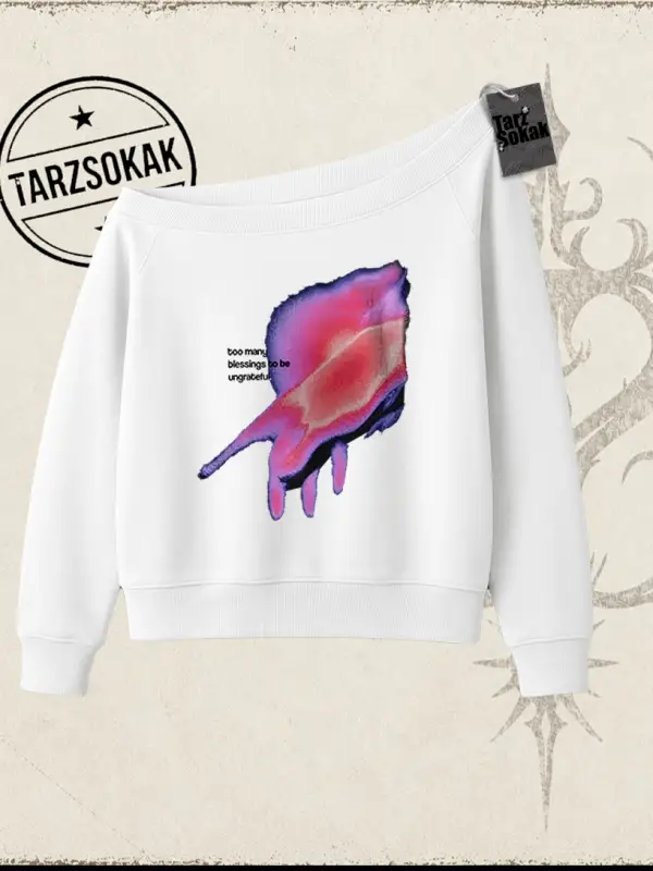 Unisex Ungrateful Kadın Kayık Yaka Sweatshirt Beyaz