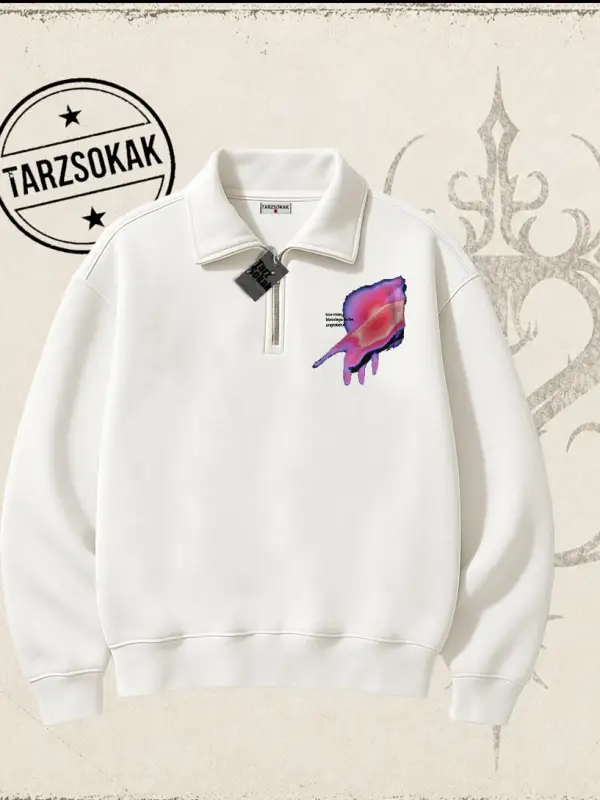 Unisex Ungrateful Unisex Polo Yaka Yarım Fermuarlı Sweatshirt Beyaz