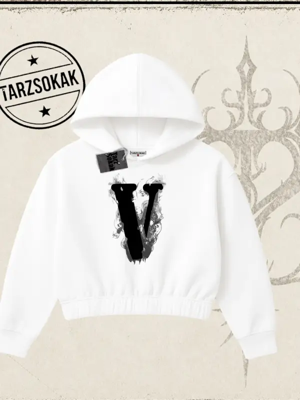 Unisex Vlone Kadın Crop Kapşonlu Sweatshirt Beyaz