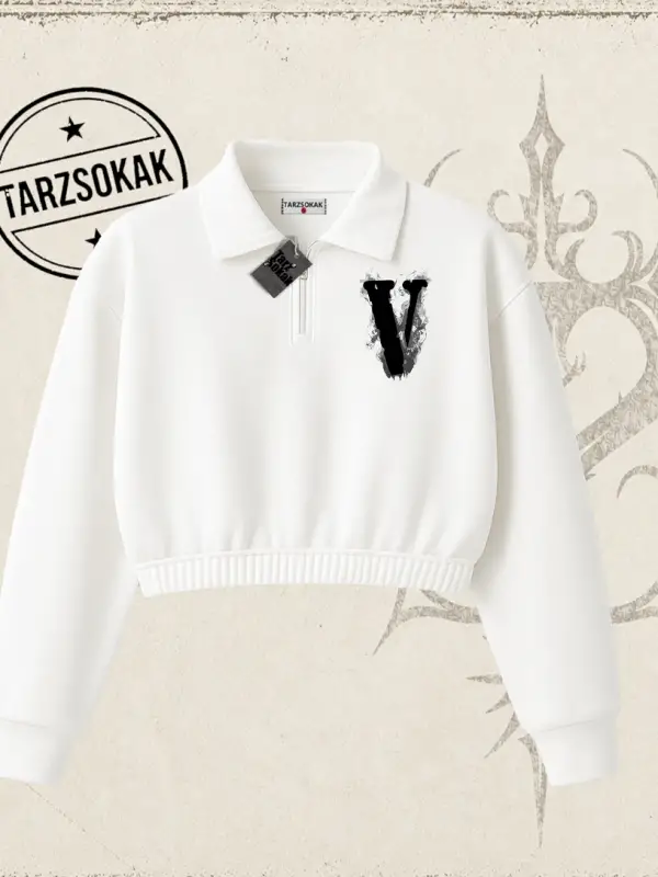 Unisex Vlone Kadın Crop Polo Yaka Yarım Fermuarlı Sweatshirt Beyaz