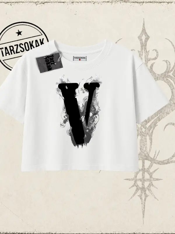 Unisex Vlone Kadın Crop Tişört Beyaz