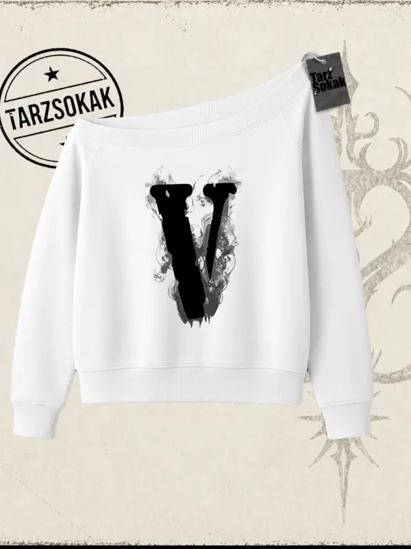 Unisex Vlone Kadın Kayık Yaka Sweatshirt Beyaz