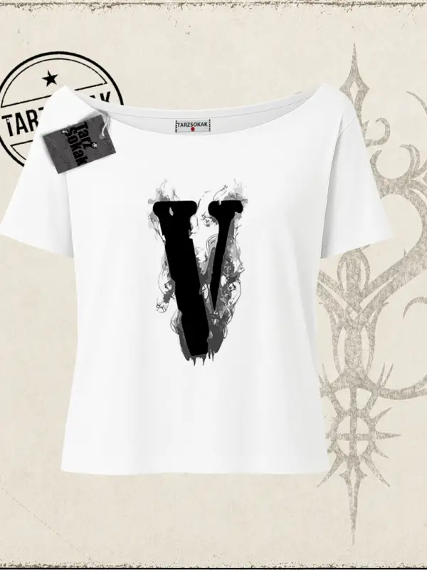 Unisex Vlone Kadın Kayık Yaka Tişört Beyaz