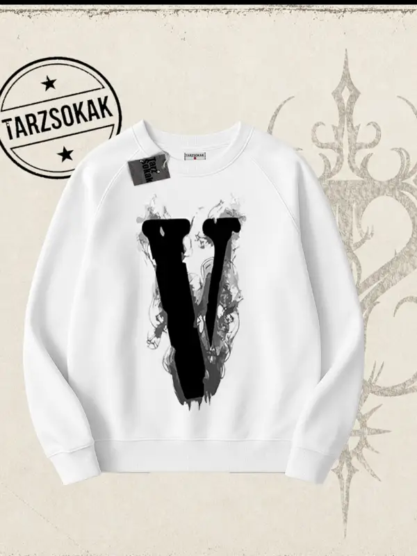 Unisex Vlone Oversize Unisex Bisiklet Yaka Sweatshirt Beyaz