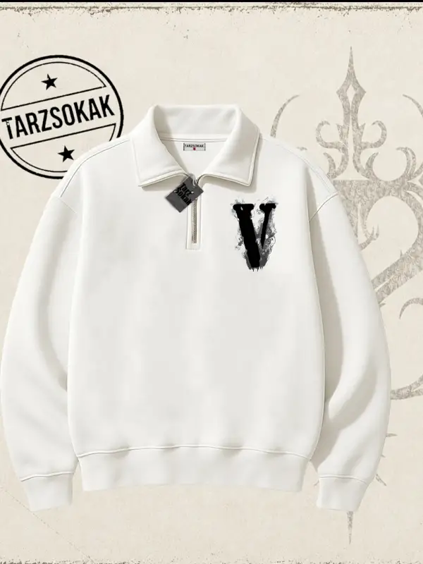 Unisex Vlone Unisex Polo Yaka Yarım Fermuarlı Sweatshirt Beyaz
