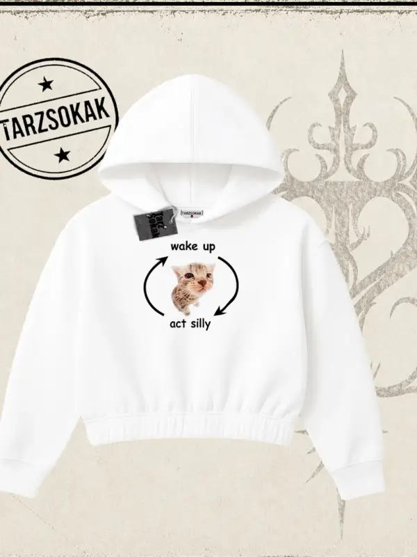 Unisex Wake up Act Silly Kadın Crop Kapşonlu Sweatshirt Beyaz