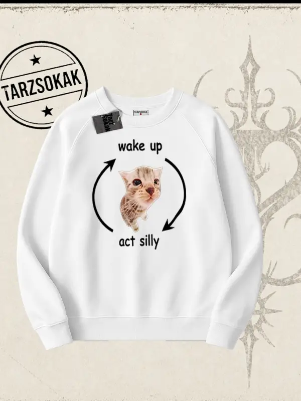Unisex Wake up Act Silly Oversize Unisex Bisiklet Yaka Sweatshirt Beyaz