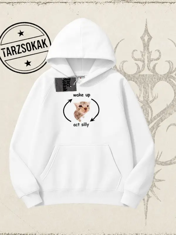 Unisex Wake up Act Silly Oversize Unisex Kapşonlu Sweatshirt Beyaz