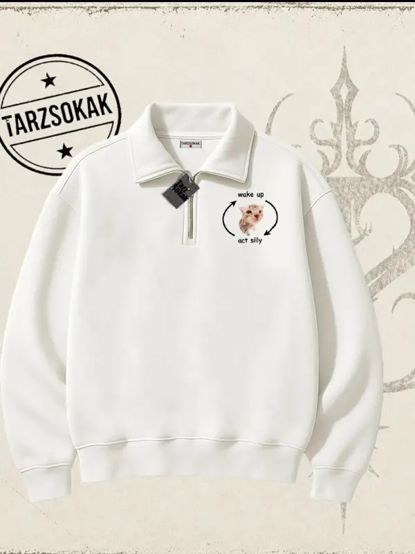 Unisex Wake up Act Silly Unisex Polo Yaka Yarım Fermuarlı Sweatshirt Beyaz