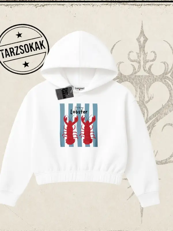 Unisex You are My Lobster Kadın Crop Kapşonlu Sweatshirt Beyaz
