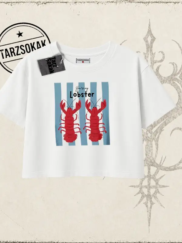 Unisex You are My Lobster Kadın Crop Tişört Beyaz