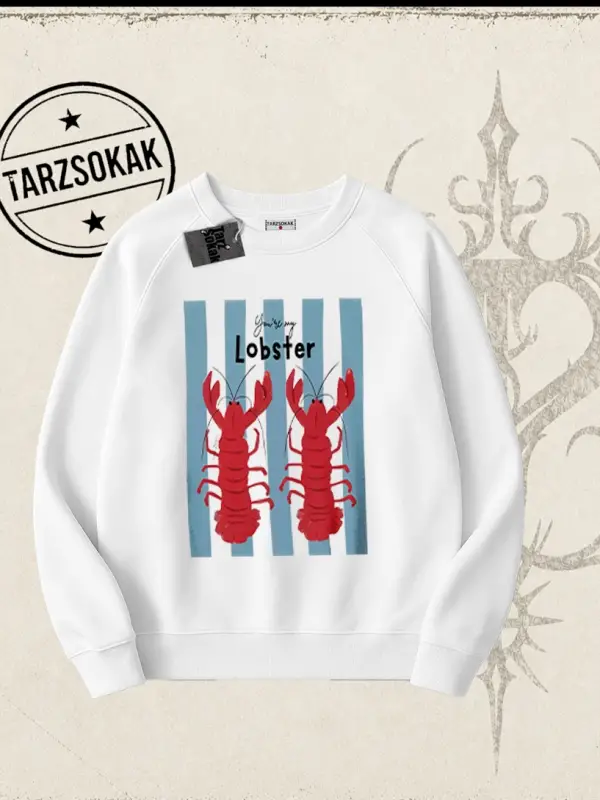 Unisex You are My Lobster Oversize Unisex Bisiklet Yaka Sweatshirt Beyaz