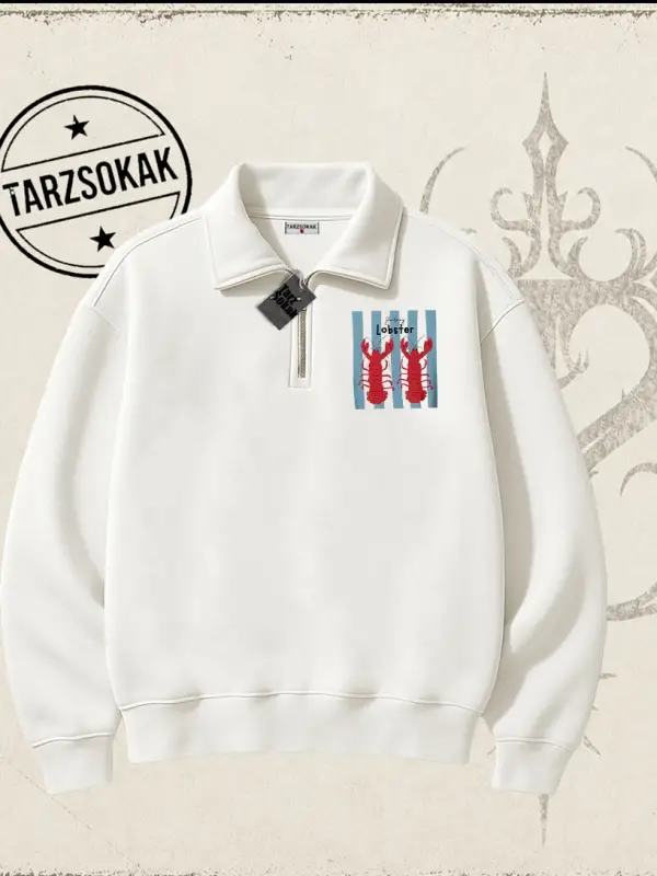 Unisex You are My Lobster Unisex Polo Yaka Yarım Fermuarlı Sweatshirt Beyaz