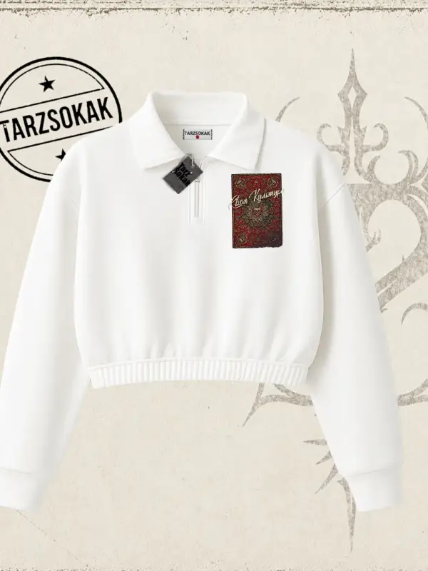 Unisex Your Culture Carpet Kadın Crop Polo Yaka Yarım Fermuarlı Sweatshirt Beyaz