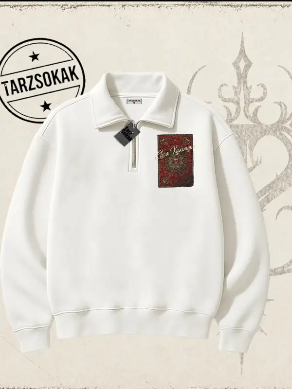 Unisex Your Culture Carpet Unisex Polo Yaka Yarım Fermuarlı Sweatshirt Beyaz