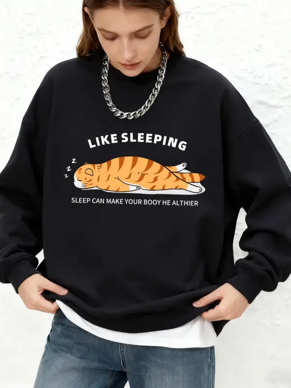 Uyuyan Kedi Baskılı Kapüşonlu Üstler Kadınlar İçin Kışlık Uzun Kollu Yuvarlak Yaka Sweatshirt