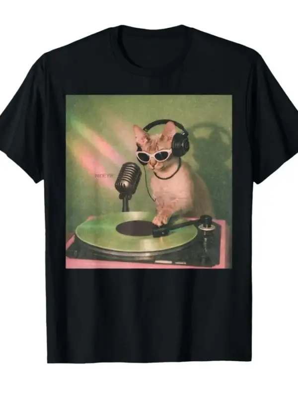 Vintage Kedi DJ Meme Retro Yavru Kedi Plak Çalar Komik Kedi Tişörtü Erkekler Kadınlar İçin %1