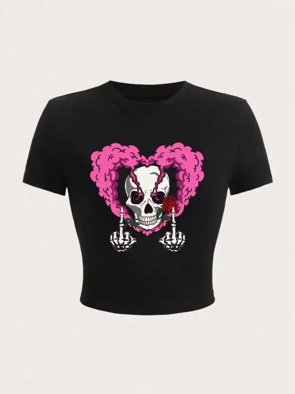 Vintage pembe kalp kafatası tasarım baskı kırpma üst yaz moda sokak kadın T-Shirt streç yumuş