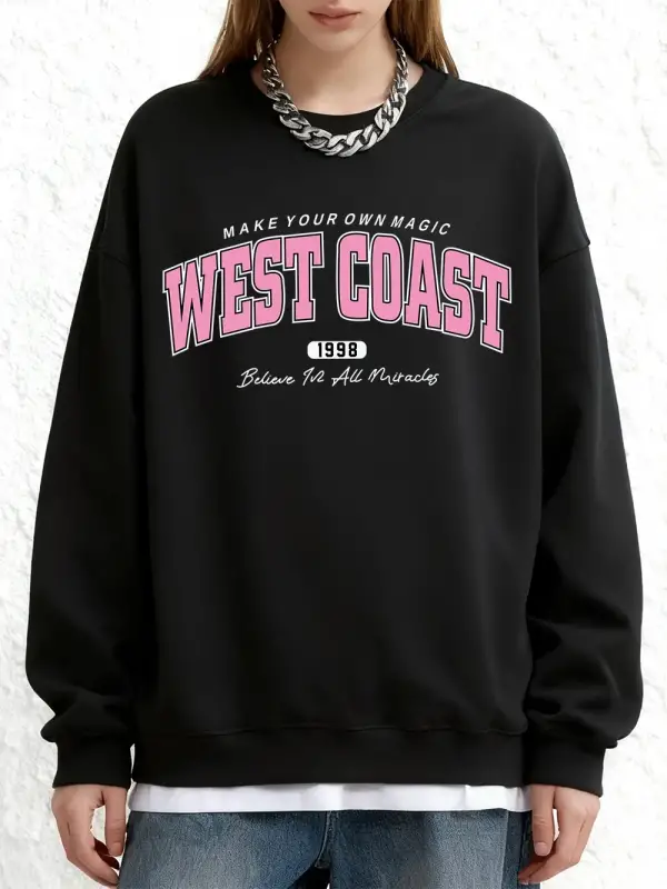 West Coast Letter 1998 Baskılı Sweatshirt Kadın Kışlık Yuvarlak Yaka Kapüşonlu Bol Jogger Kaz